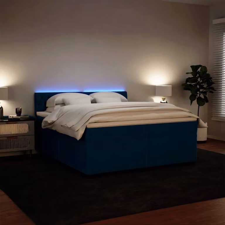 vidaXL Giroletto a Molle con Materasso Ibrido in Velluto Blu e Bianco L/P: 200 x 200 cm