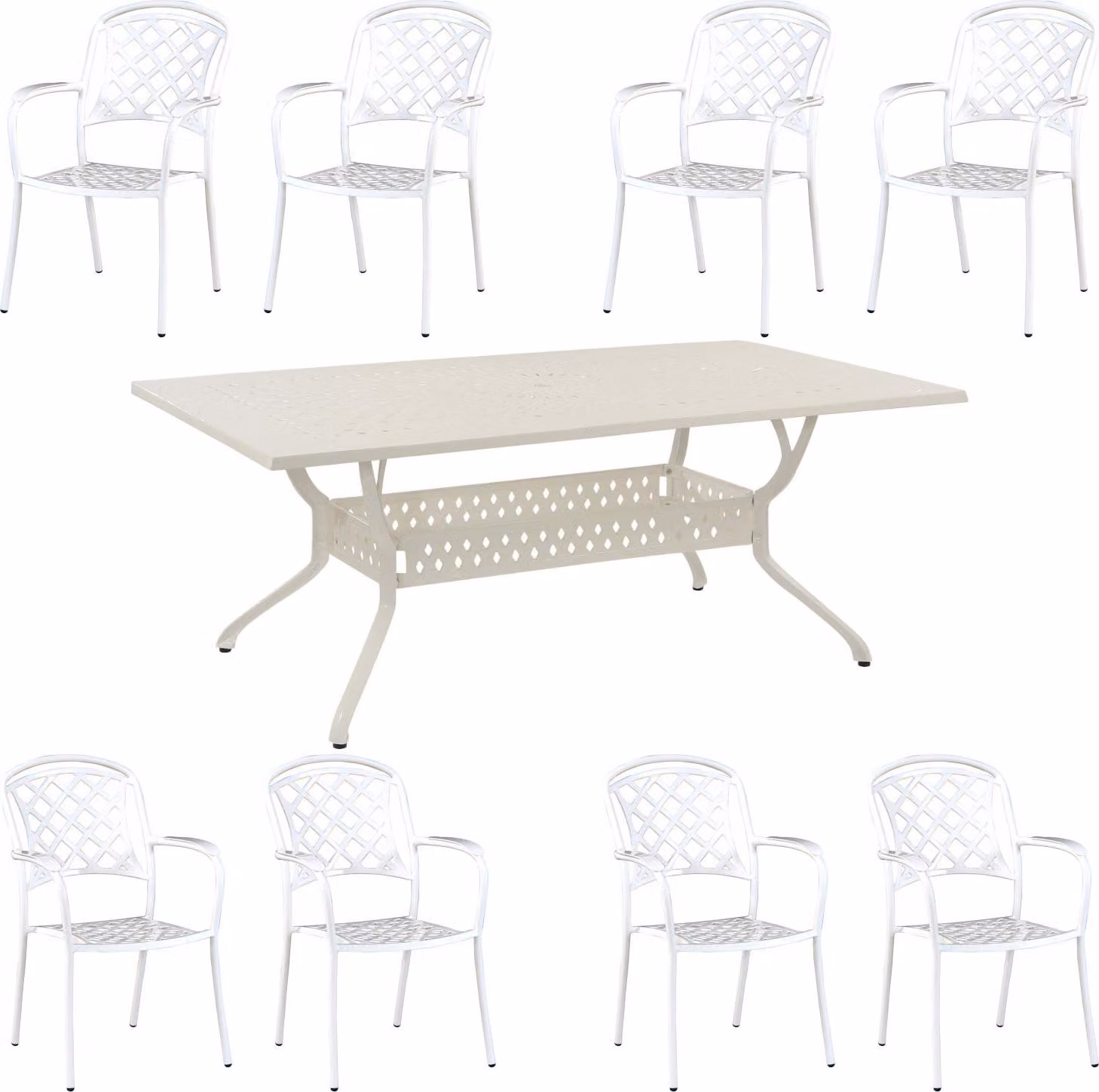 Inko Set da salotto 9 pezzi in alluminio pressofuso bianco Tavolo 215x107x74 cm con 8 poltrone