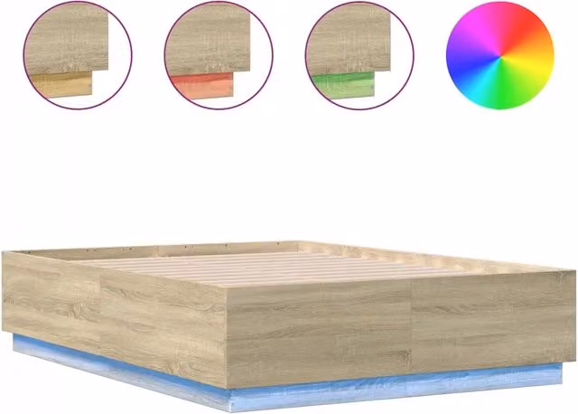 Letto matrimoniale moderno in legno color rovere con luci LED sottostante e porta di ricarica USB L/P/H: 120 x 200 x 40 cm