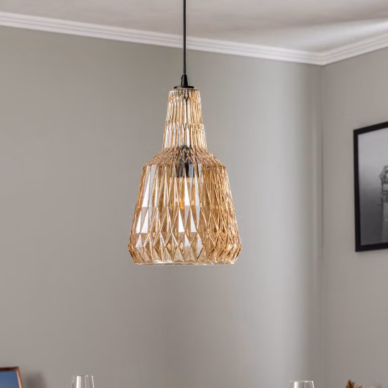 Lampada a sospensione in vetro Belarion Lindby, dimmerabile, Crema / Ambra, Soggiorno / Sala da pranzo, Vetro, Vintage, Lampada a sospensione