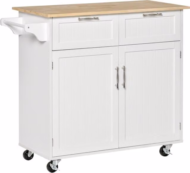 Carrello da cucina multiuso HOMCOM in legno bianco con 2 cassetti, armadietto e 4 ruote, L/P/H: 104 x 46 x 91 cm