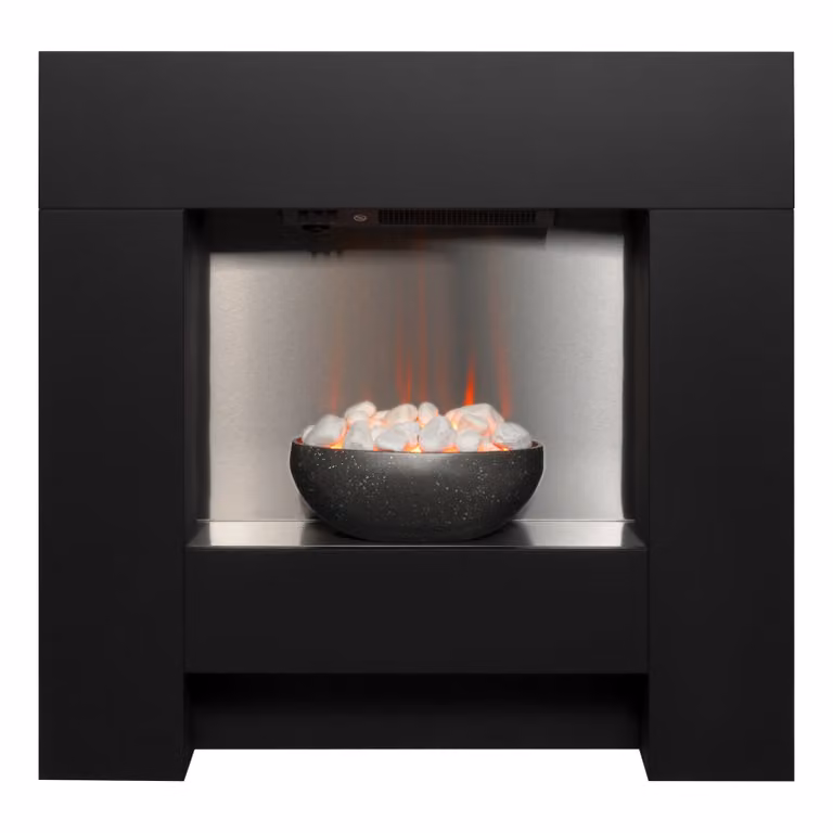 Suite camino elettrico Adam Cubist in nero strutturato, dimensioni 87,5 cm x 90,5 cm x 18 cm con effetto luce ambientale a LED e potenza termica 1kW - 2kW