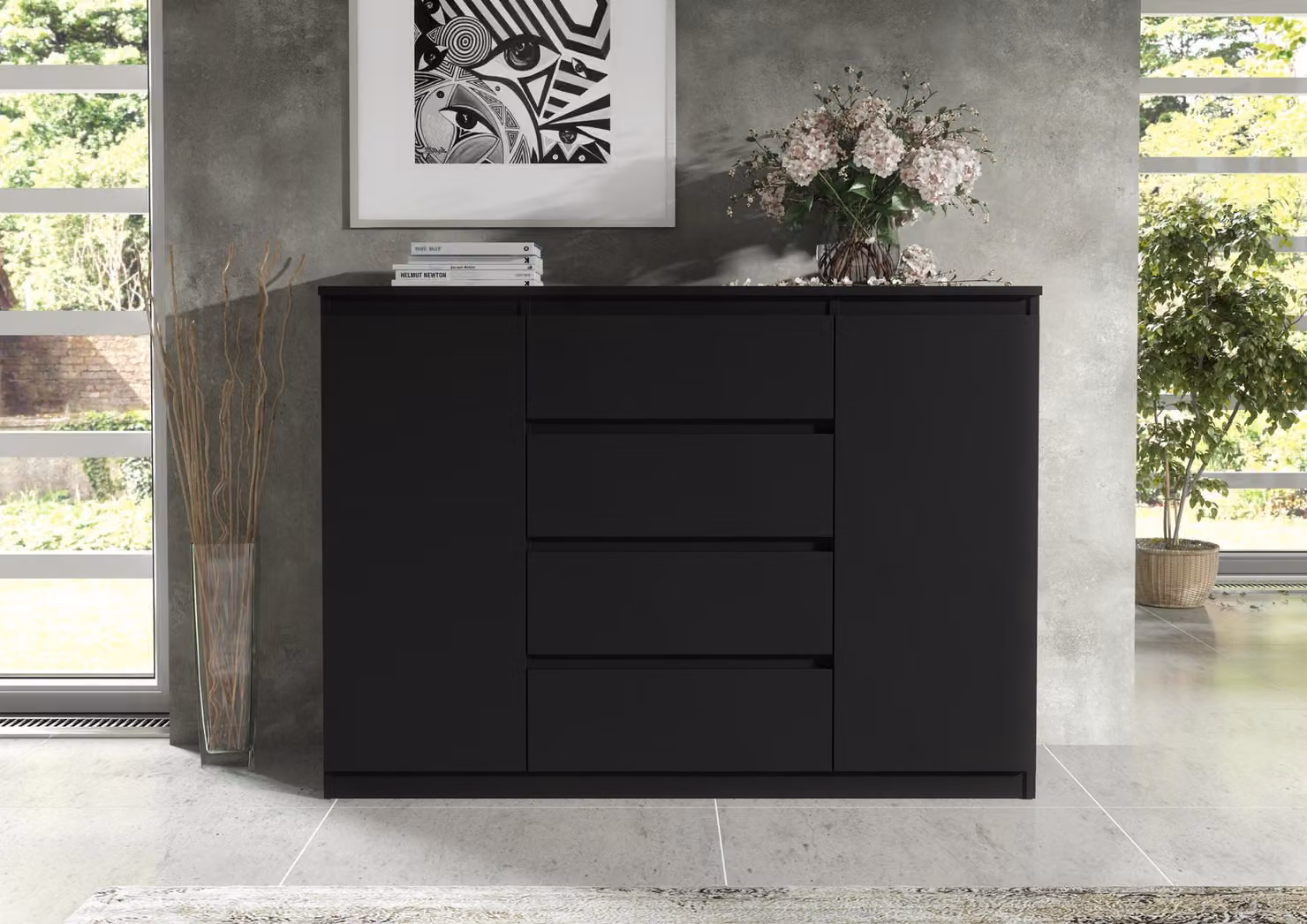 Comodino pratico, altezza 140 cm, con 2 ante e 4 cassetti
