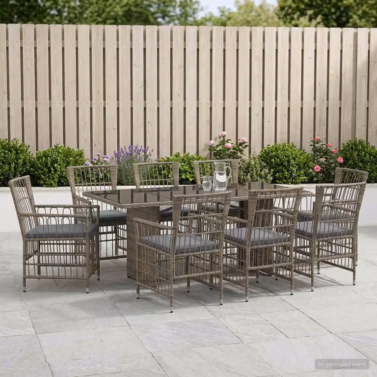Set da pranzo per esterni vidaXL in polyrattan e vetro, 9 pezzi, Grigio