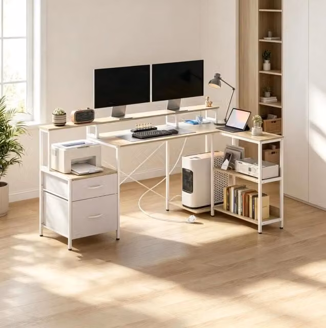 Scrivania angolare 172 cm con LED RGB, prese USB/USB-C, supporto monitor e 2 cassetti
