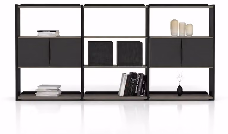 Libreria a parete, sistema scaffali, mobile contenitore, design moderno, colore nero
