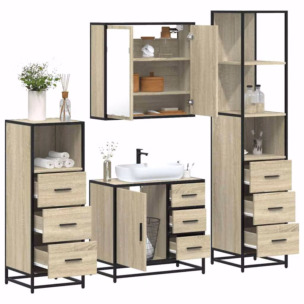 Set di mobili da bagno 4 pezzi vidaXL in stile industrial marrone con illuminazione LED e specchio