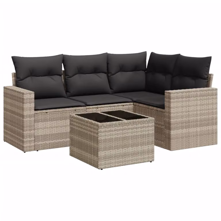 Set Divano da Giardino 5pz con Cuscini Grigio Chiaro Polyrattan
