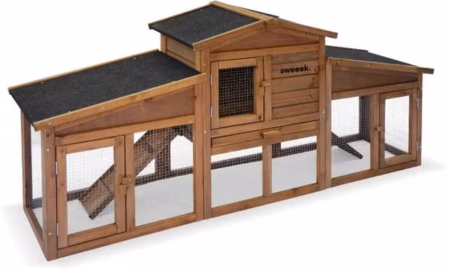 Conigliera Sweeek in legno di abete marrone per piccoli animali da giardino con pavimento rialzato e struttura impermeabile – 1