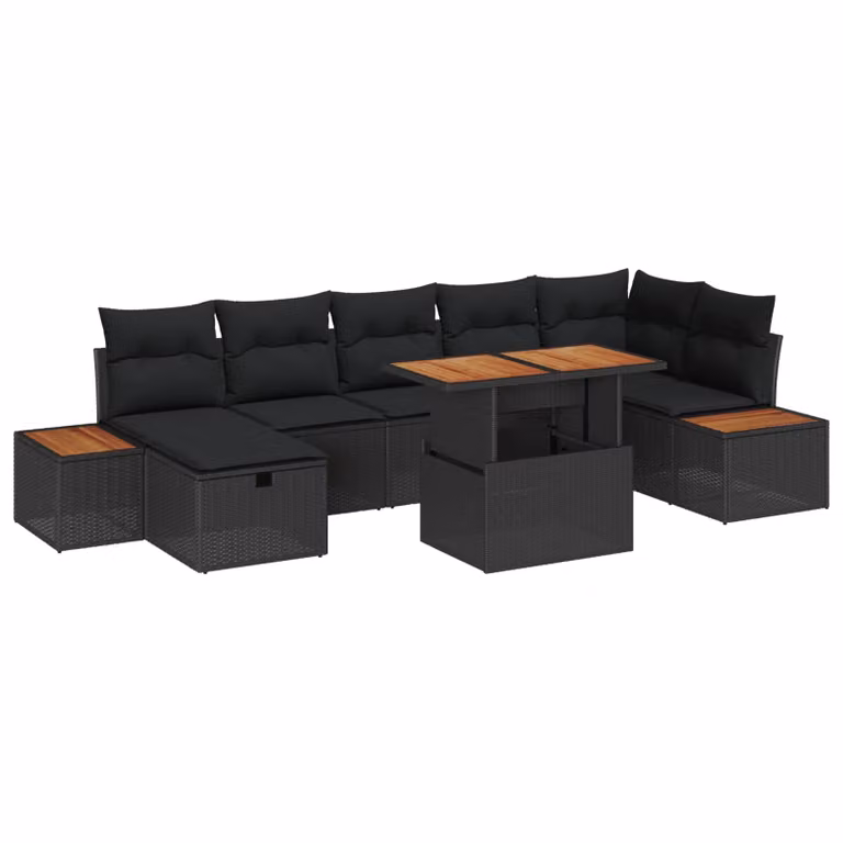 Set Divano da Giardino vidaXL a forma a U in Polyrattan Nero con Cuscini e Tavolino da Esterno