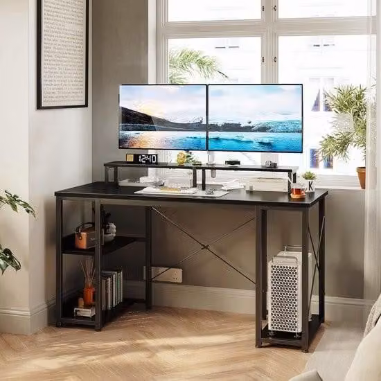 Scrivania da gioco nera, scrivania con ripiano, reversibile, scrivania per computer con supporto per monitor, 120 x 50 x 86,5 cm, tavolo per PC per ufficio, soggiorno