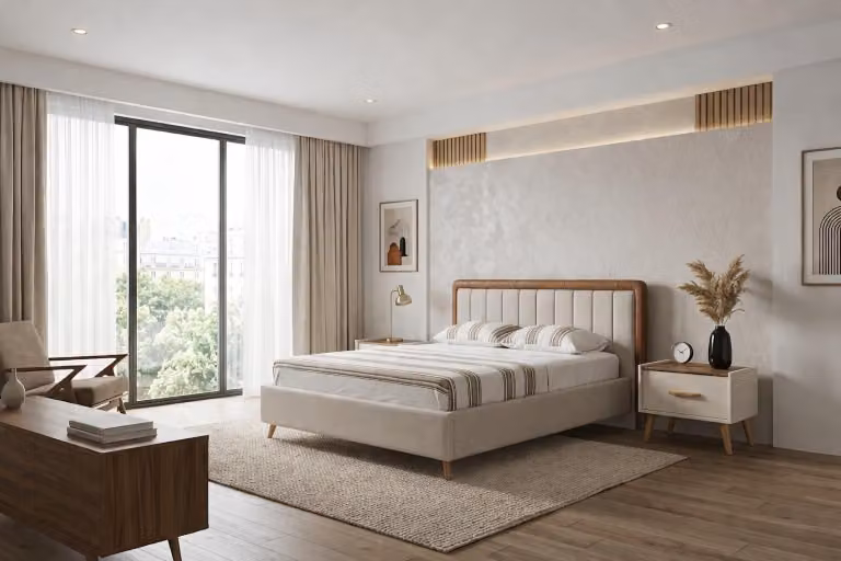 Set completo per camera da letto in bianco, con letto imbottito, comodini in legno di alta qualità