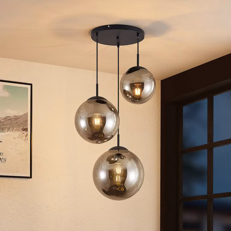 Lampada a sospensione in vetro Teeja Lindby, dimmerabile, Alluminio / Grigio / Zincato, Soggiorno / Sala da pranzo, Vetro, Vintage, Lampada a sospensione