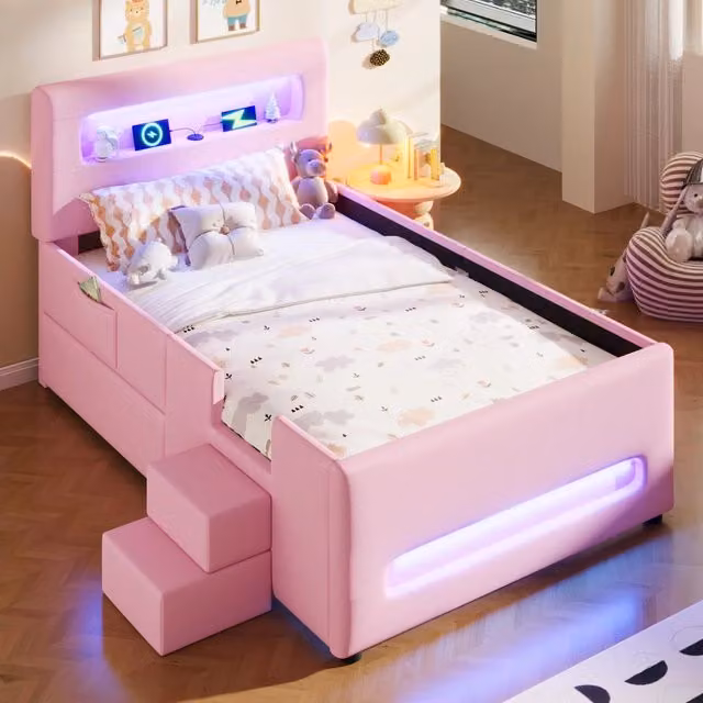 Letto singolo imbottito 90x200 cm con LED; cassetto estraibile e rivestimento in similpelle rosa