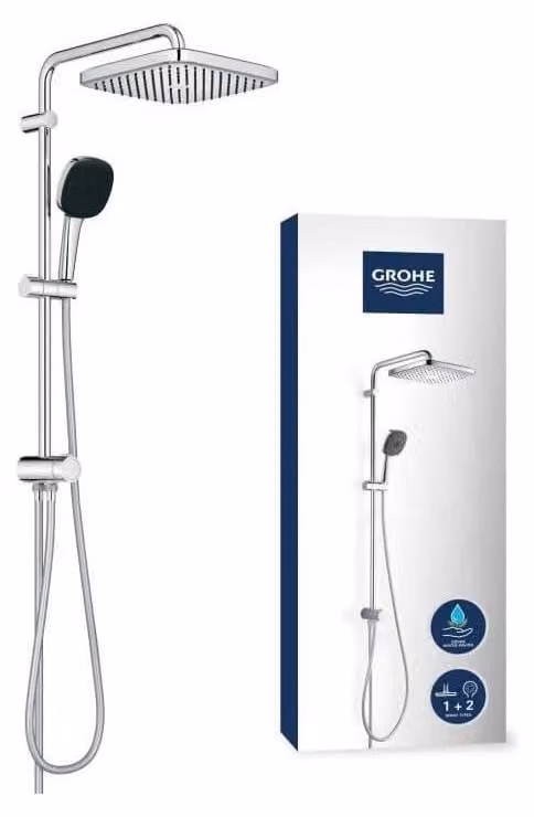Sistema doccia Vitalio 250, a forma quadrata, cromato, asta da 74 cm, 2 getti