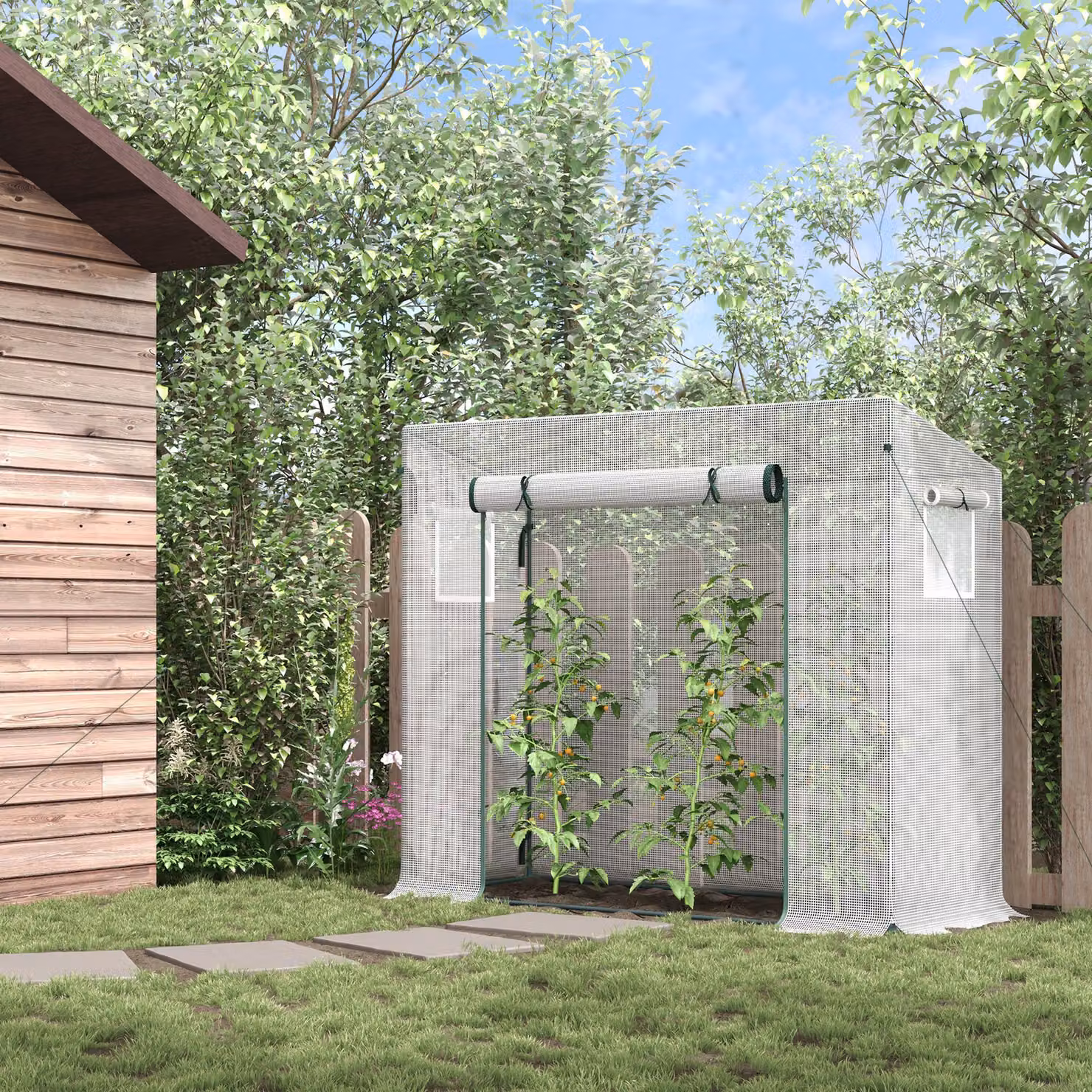 Serra da giardino Outsunny con porta avvolgibile e bordi estesi in acciaio e PVC impermeabile, Bianco, L: 200 cm, P: 76 cm, H: 168 cm – 2