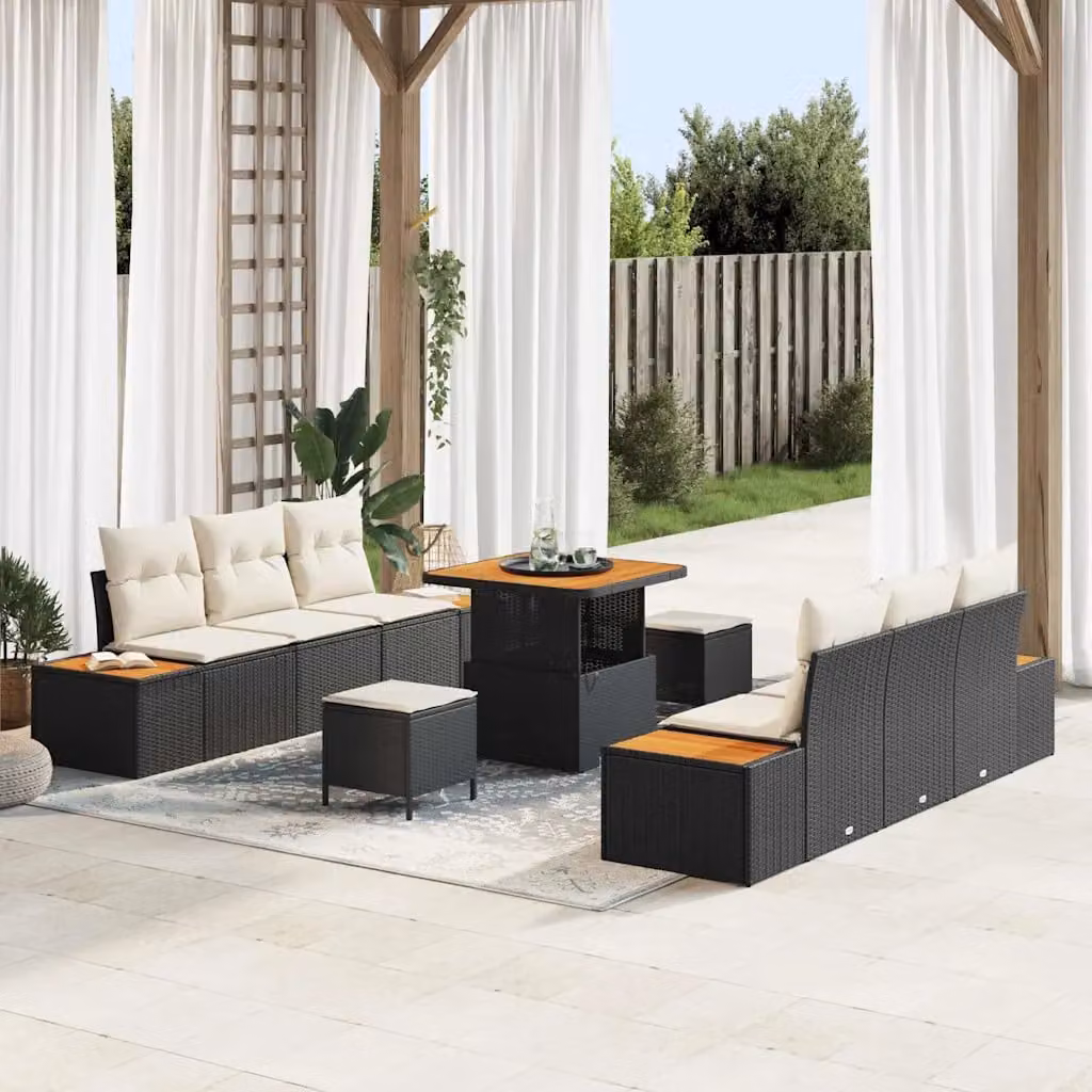 Set Divano da Giardino vidaXL 9 Pezzi Nero con Cuscini e Tavolino in Polyrattan e Acciaio