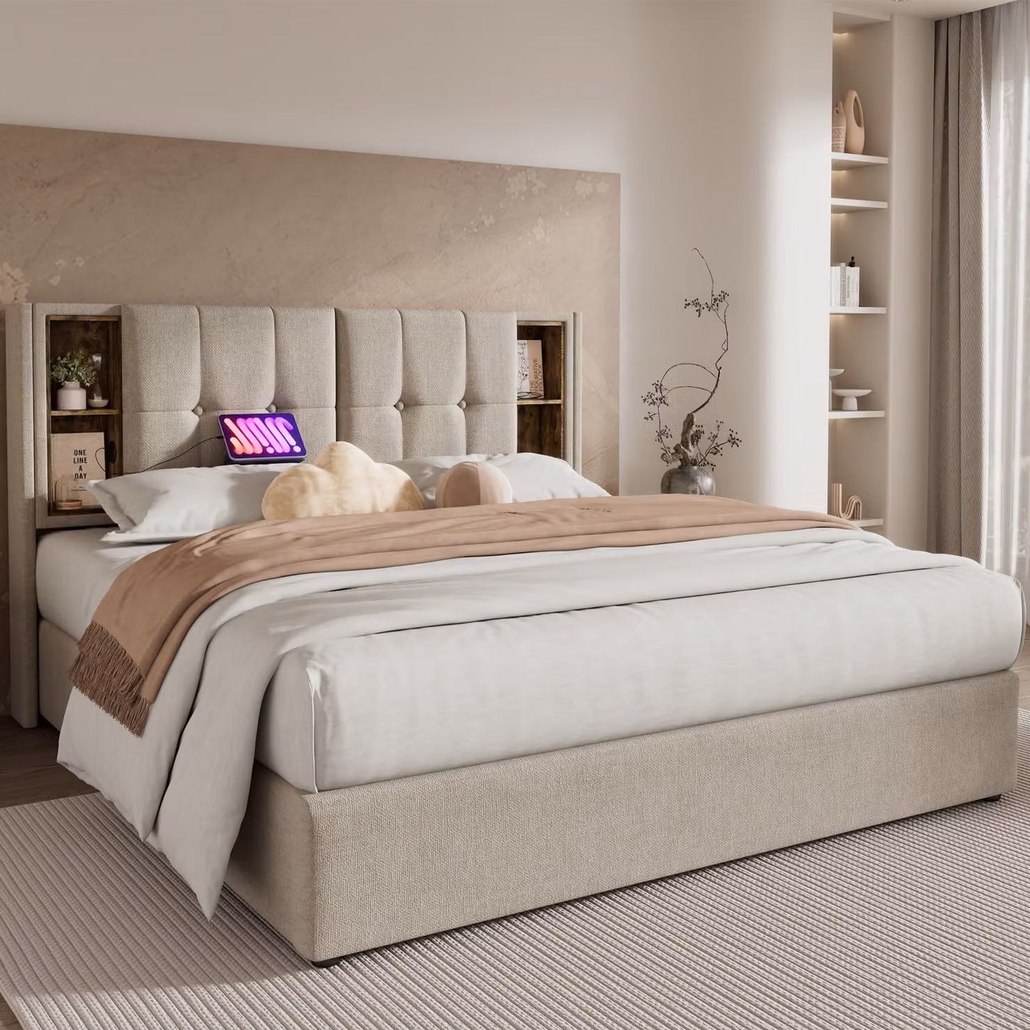 Letto imbottito STILVORA 180x200 cm con contenitore, presa di ricarica USB e illuminazione a LED; letto matrimoniale con contenitore, finitura naturale (senza materasso)