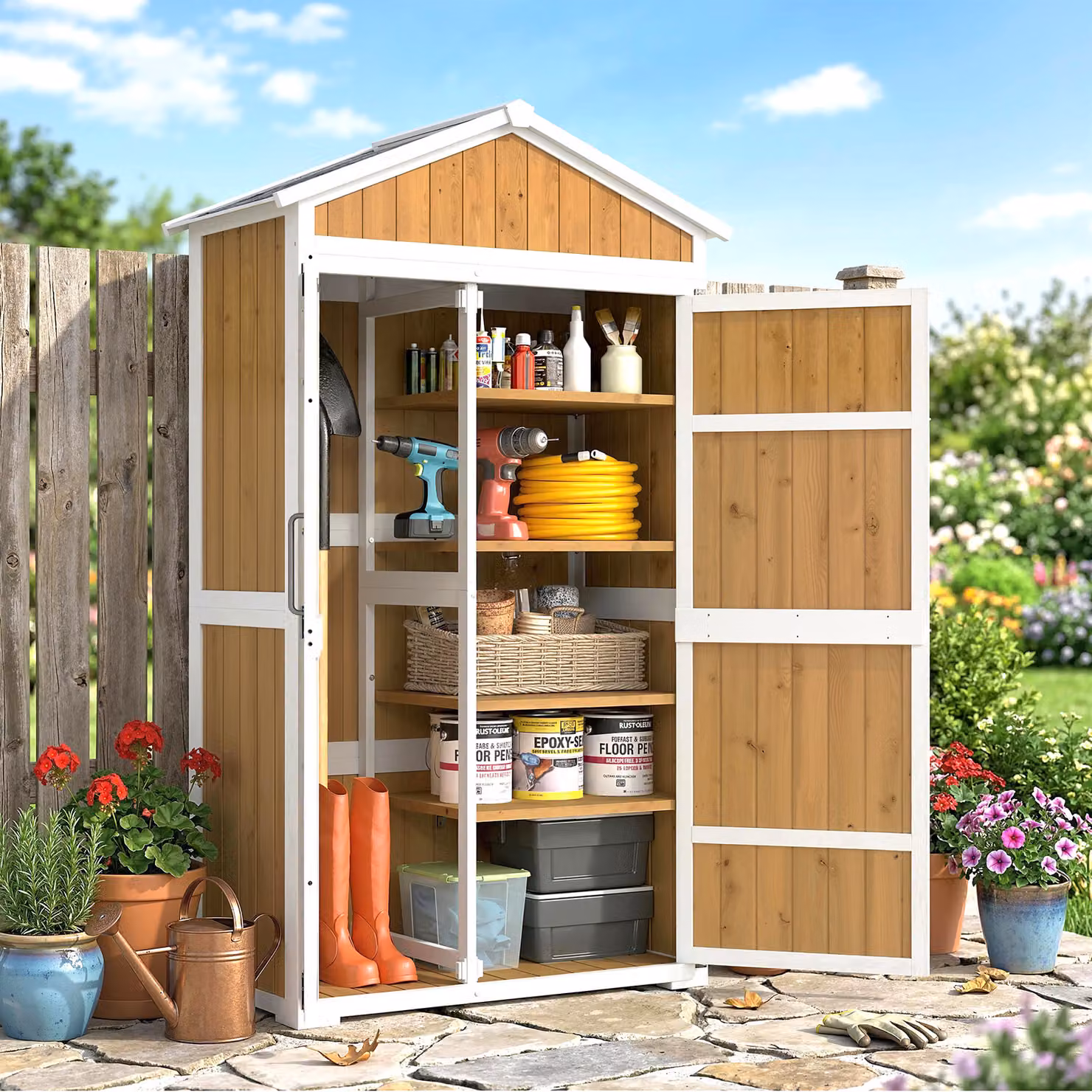 Armadio da giardino Outsunny in legno naturale con doppia porta e ripiani interni, L: 105 cm, P: 55 cm, H: 179 cm – 2