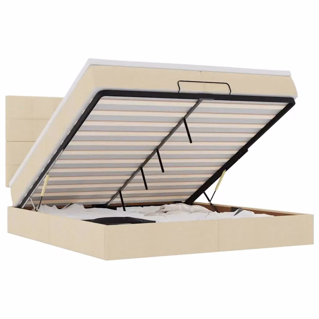 Letto con contenitore a sollevamento e base con luci LED e porte USB vidaXL in tessuto beige e bianco L: 200 cm, P: 200 cm, H: 280 cm – 2