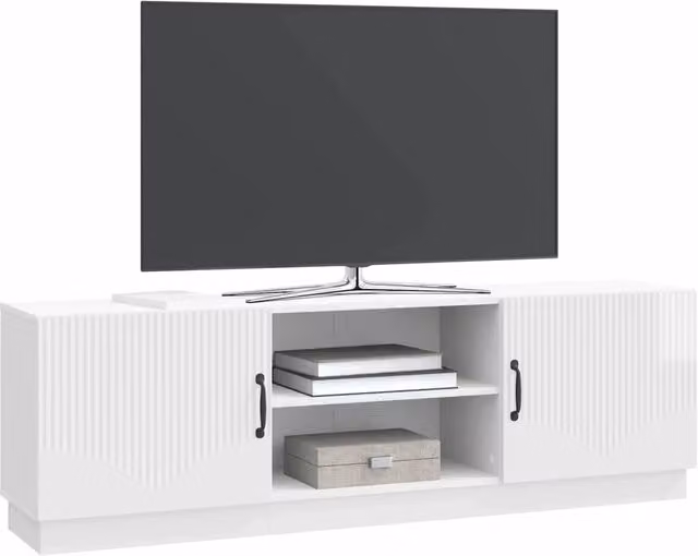 Mobile TV moderno Design In bianco lucido con illuminazione integrata e scomparti multimediali L/P/H: 150 x 31 x 47 cm