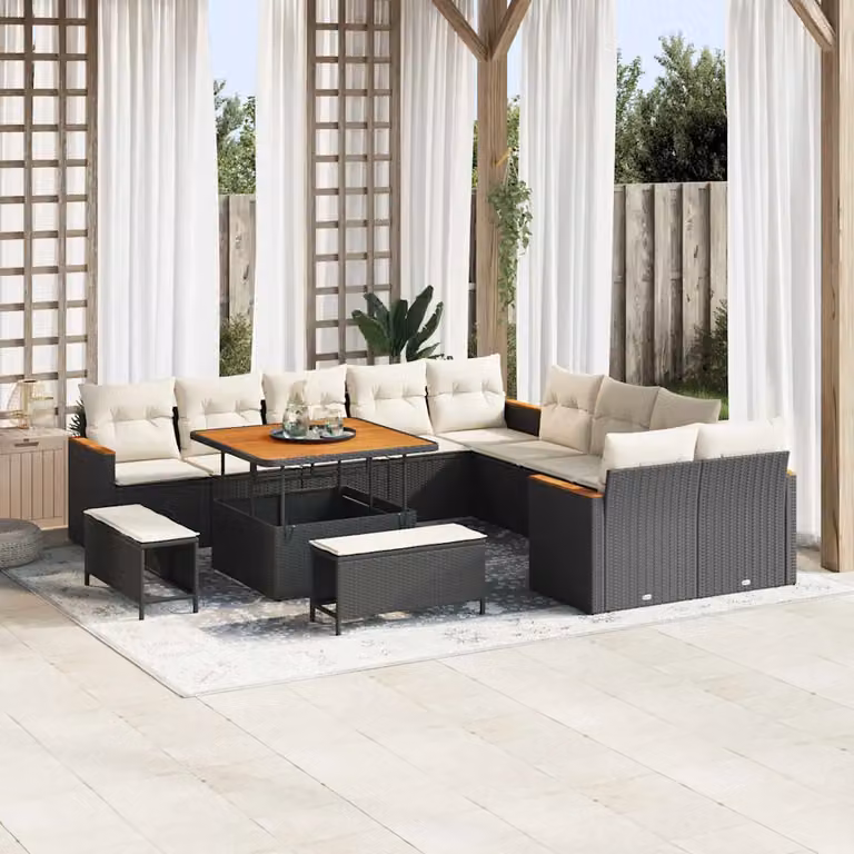 Set Divano da Giardino vidaXL 13 Pezzi a Forma di U con Cuscini Nero in Polyrattan e Acciaio