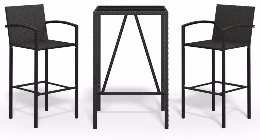 Set da giardino composto da tre elementi, in rattan sintetico nero