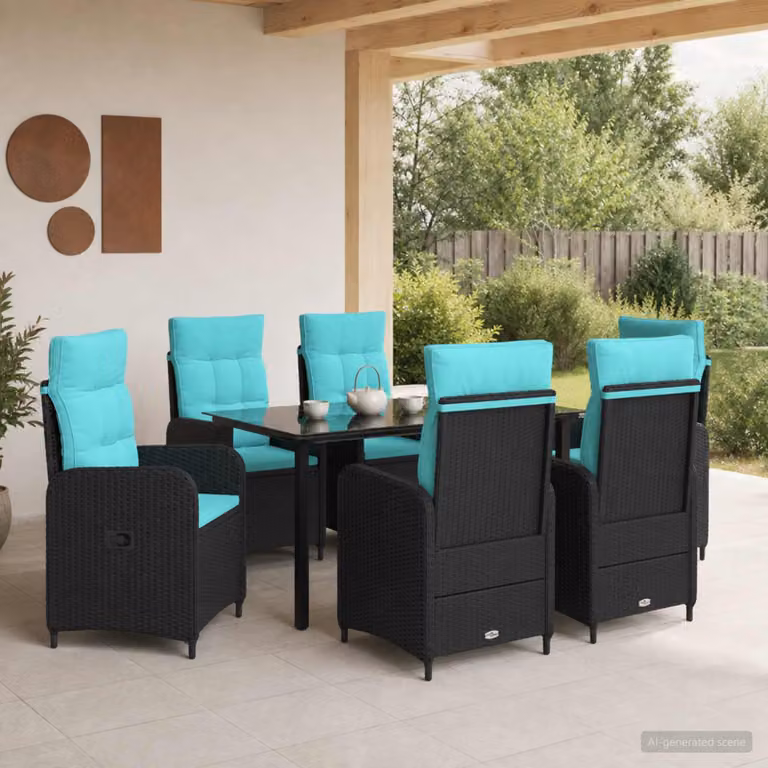 Set da pranzo per giardino e terrazzo vidaXL in 7 pezzi in polyrattan nero e turchese
