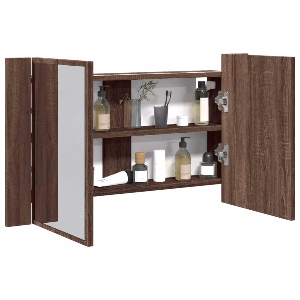 Armadietto Specchio con LED vidaXL in Rovere Marrone per Bagno, L: 80 cm, P: 12 cm, H: 45 cm