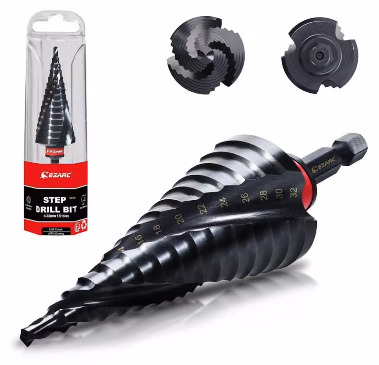 Trapano a tazza passo variabile, diametro 4-32 mm, in HSS con rivestimento in cobalto TiAIN, 15 step, per metallo, acciaio inossidabile, alluminio, legno e plastica