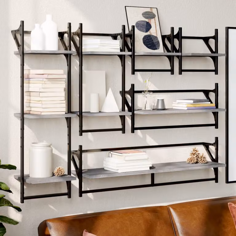 Set di 6 mensole da parete con aste vidaXL in legno multistrato e metallo, colore Grigio Sonoma, stile industriale