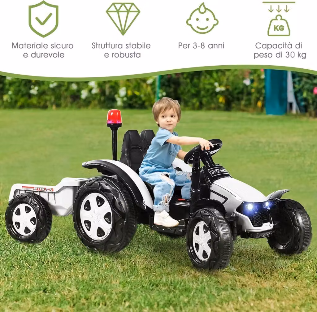 Costway Trattore Elettrico per Bambini con Rimorchio e Telecomando, Giocattolo 2 in 1 Bianco – 2
