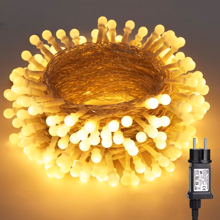 Catena luminosa con 200 mini-lampadine a forma di globo, lunghezza 20 metri, luce bianca calda, grado di protezione IP44, 8 modalità, timer