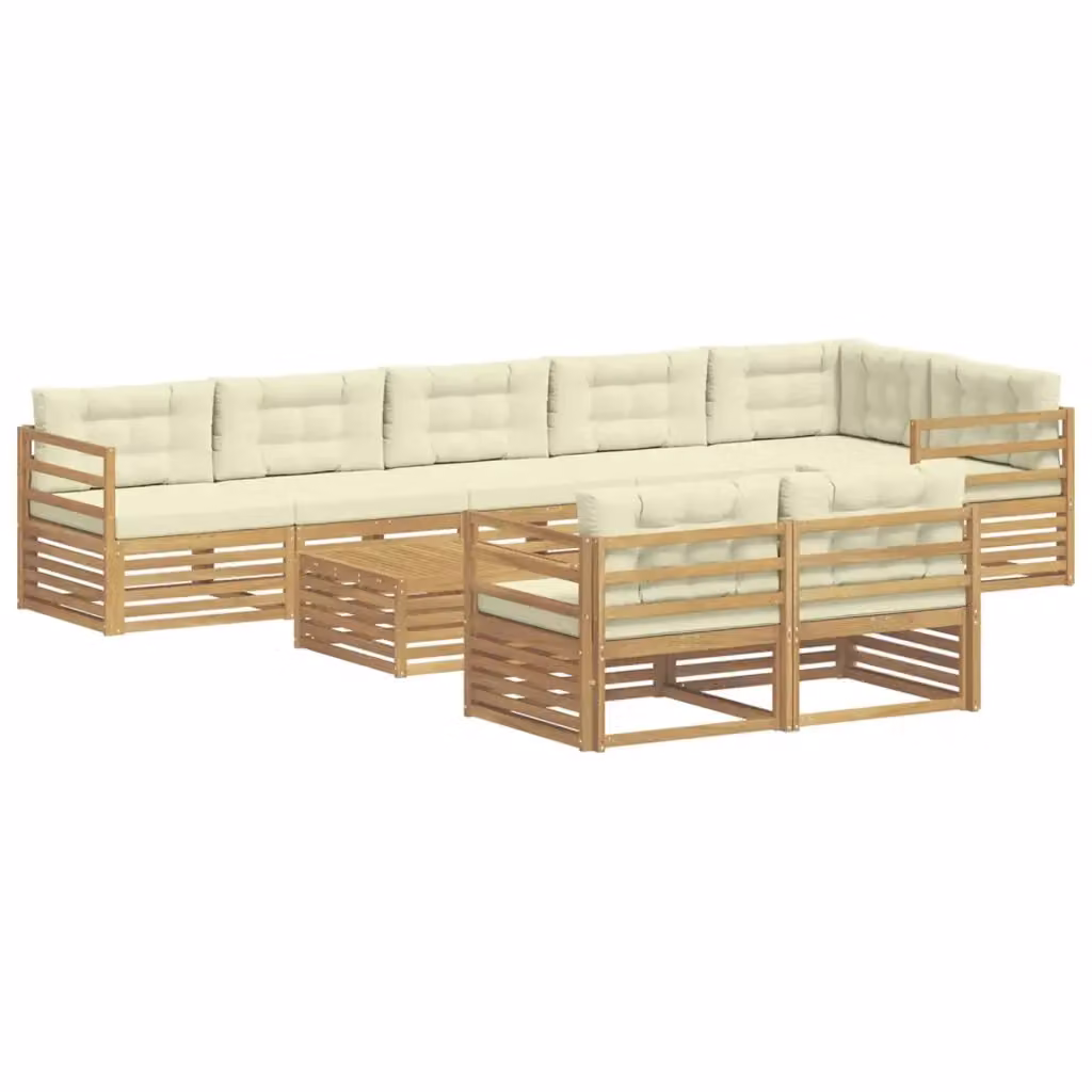 Set di divani da esterno a L con tavolino da giardino vidaXL, 9 pezzi, Bianco e Beige, in legno di acacia con cuscini inclusi – 2