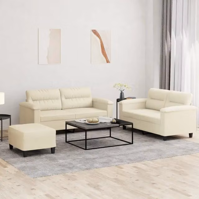 Set di divani moderno vidaXL in similpelle beige composto da divano a 2 posti e pouf con cuscini inclusi