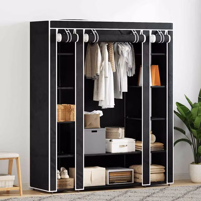 Armadio in tessuto vidaXL con scomparti e asta appendiabiti, Nero, L 45 cm x P 45 cm x H 176 cm