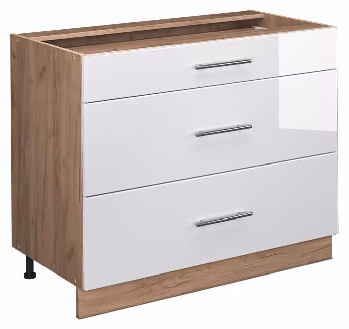 Mobiletto base per cucina Vicco Fame-Line Bianco lucido/Rovere dorato 100 cm senza piano di lavoro, Model 61638