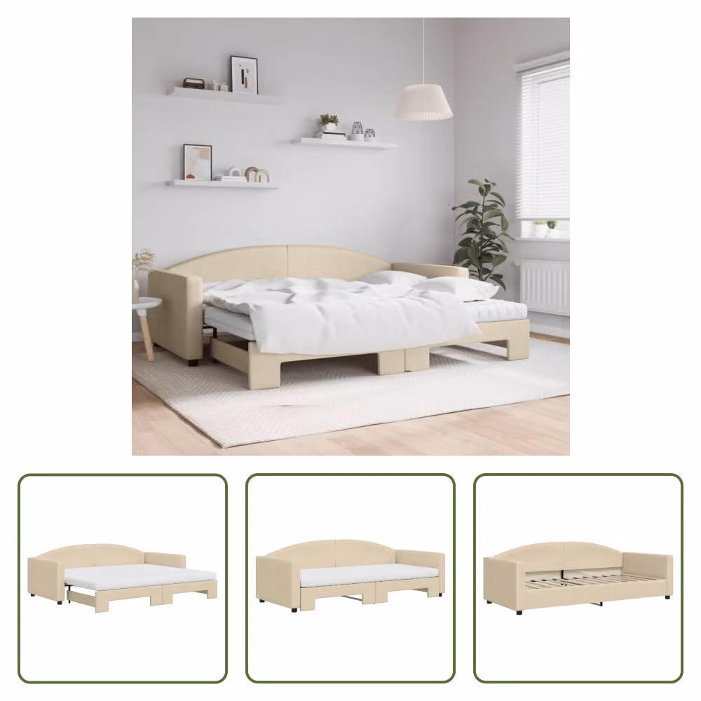 The Living Store Lettino allungabile con materassi panna 90x200 cm in tessuto