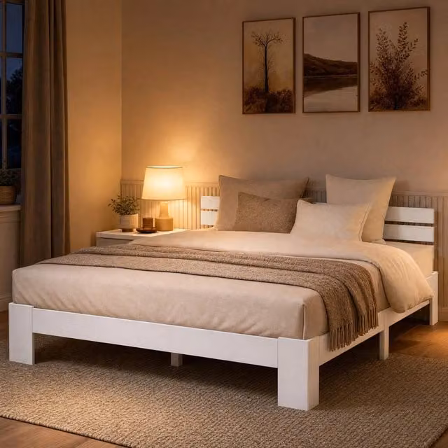 Letto matrimoniale ULEVR 140x200 cm in legno massello di pino bianco con testiera e rete a doghe