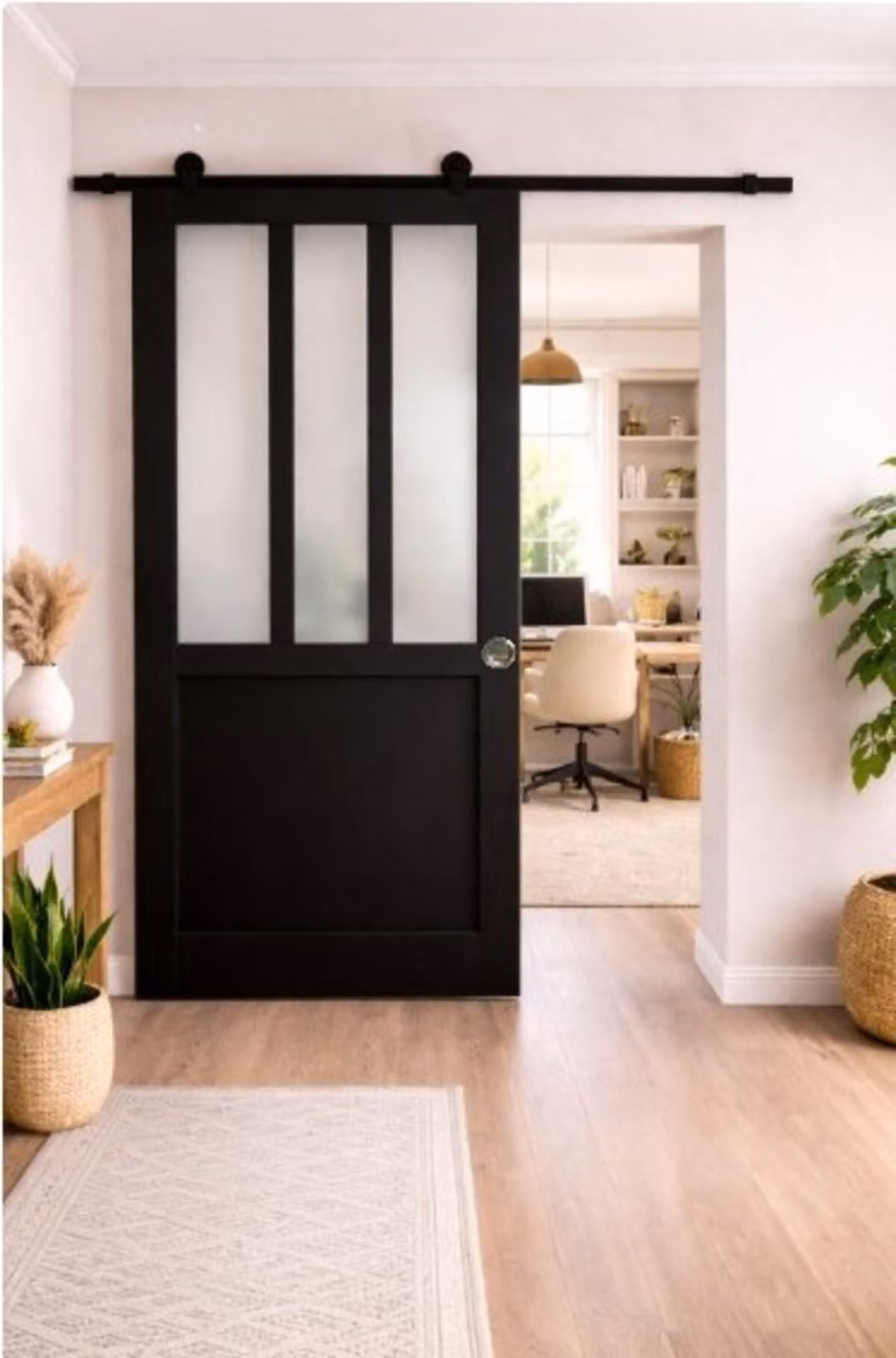 Porta scorrevole da officina nera con vetro depoli H204 x L93 cm, binario con rotelle, gusci grandi per GD MENUISERIES