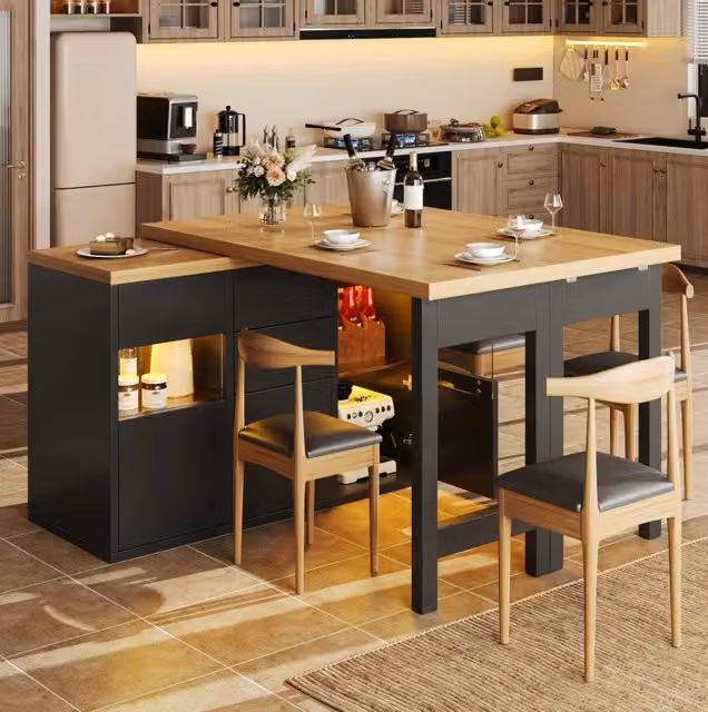 Isola cucina girevole 360° con LED RGB controllata via app, 120-197 cm, ante in vetro, 4 cassetti grandi, ripiani regolabili, bianco o nero