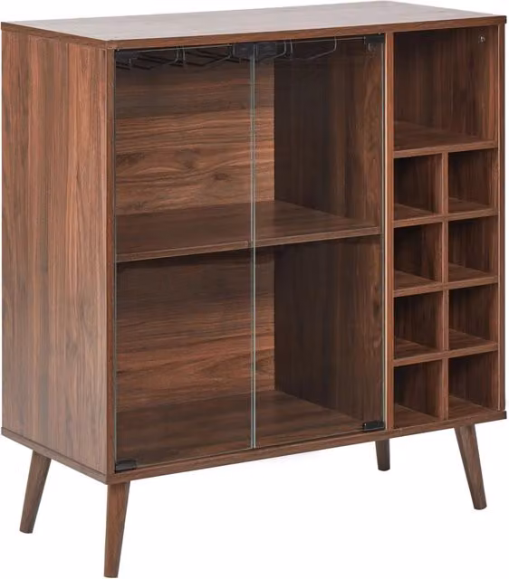 Credenza espositiva Beliani in legno di pino marrone con ante in vetro, ripiani interni, portabottiglie e portavasi in stile retro per la tua sala da pranzo