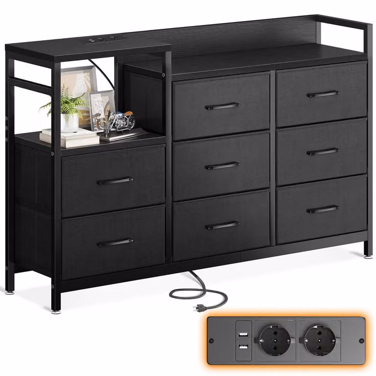 Comodino con 8 cassetti rivestiti in tessuto, 2 porte USB e 2 prese di corrente, colore nero, dimensioni 132x30x88 cm