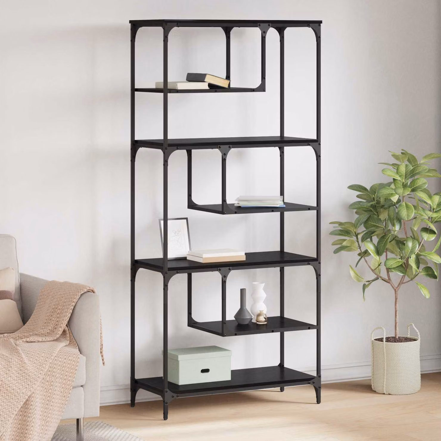 Libreria vidaXL in stile industriale con 6 livelli, colore nero, L: 81 cm, P: 36 cm, H: 176 cm