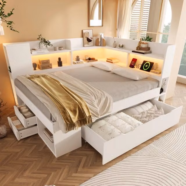 Letto funzionale 140x200 con LED ¨C Minimal ¨C Bianco legno multistrato rete a doghe cassetti USB