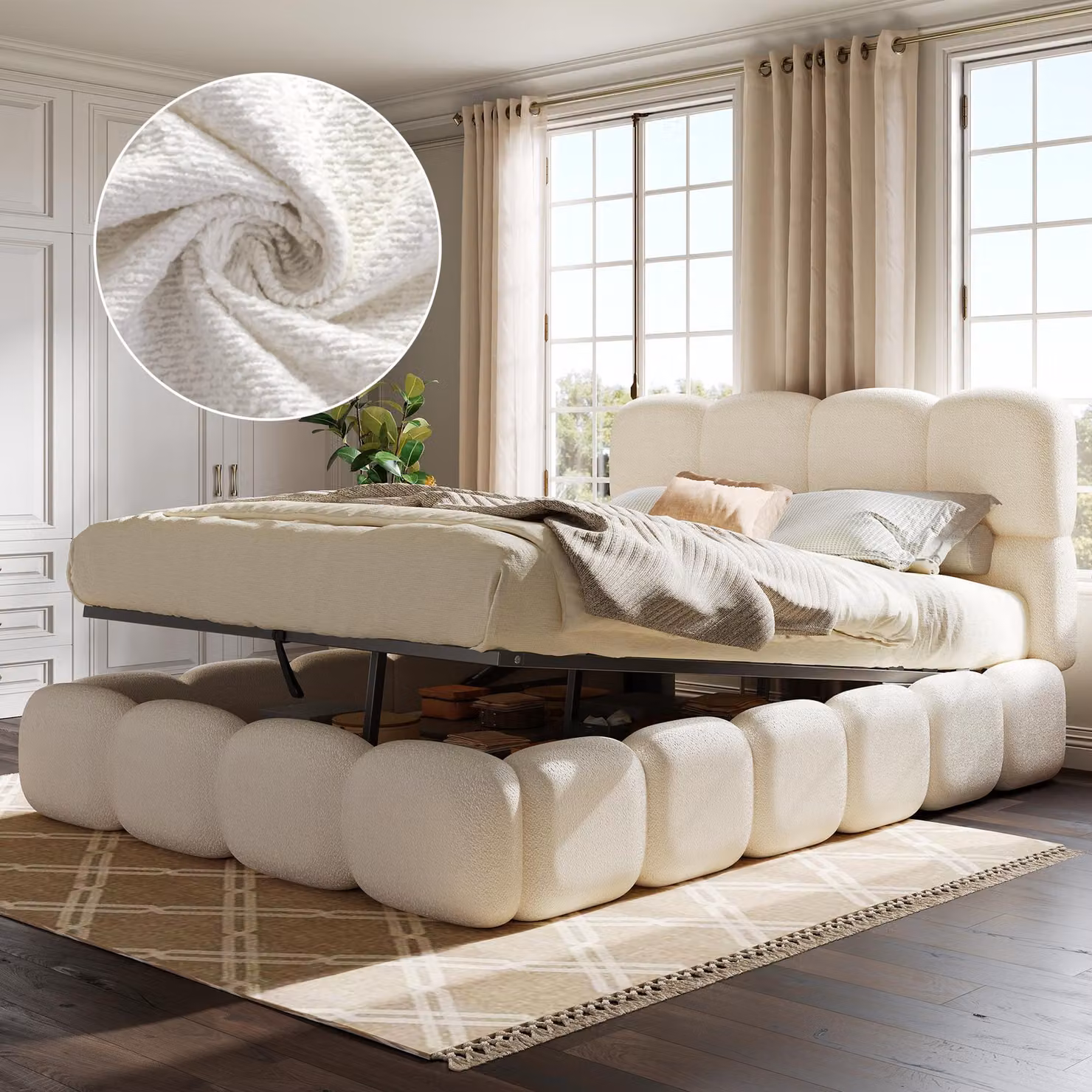 Letto idraulico imbottito Flieks, 140x200 cm, con spazio contenitore, letto matrimoniale con contenitore e rete a doghe, letto per ragazzi in legno con testiera, tessuto bouclé, colore bianco