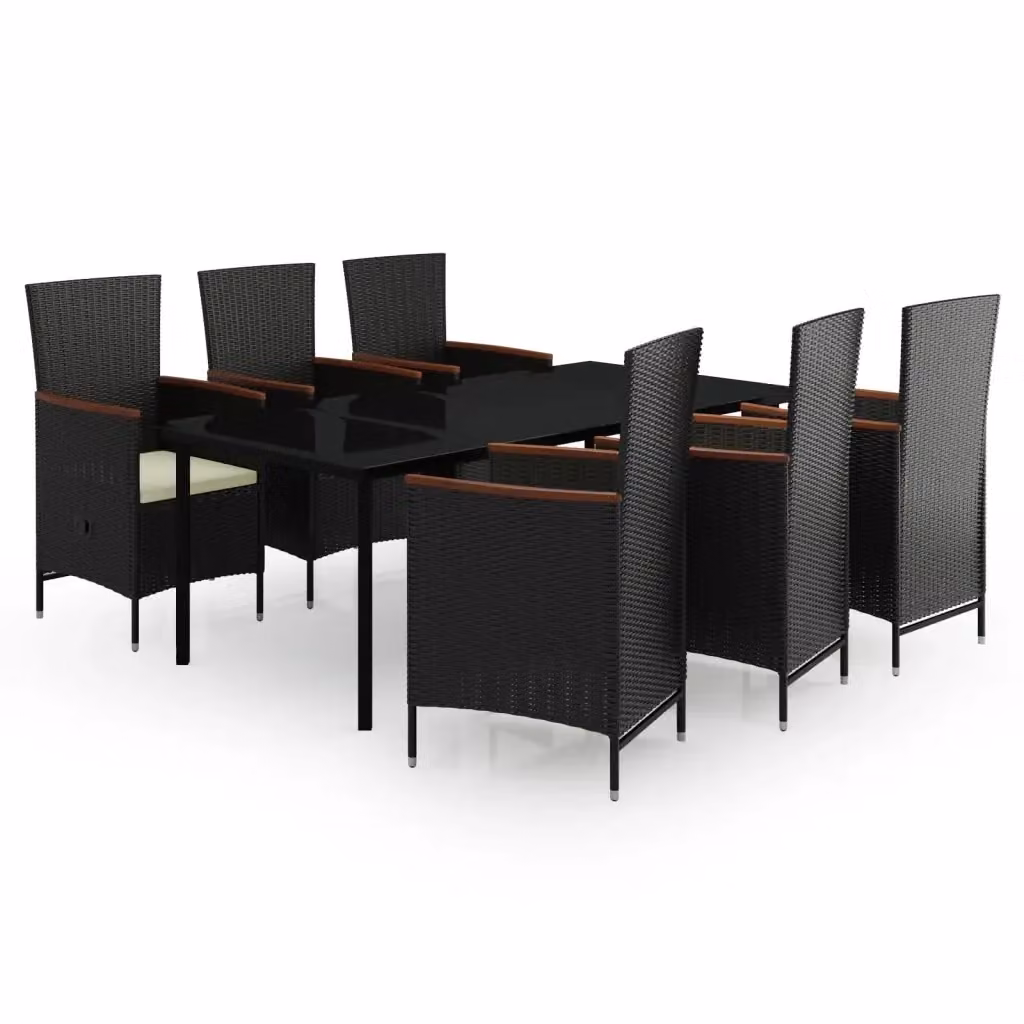 Set da pranzo da giardino vidaXL in rattan e legno con piano in vetro, 7 pezzi, nero e bianco – 2