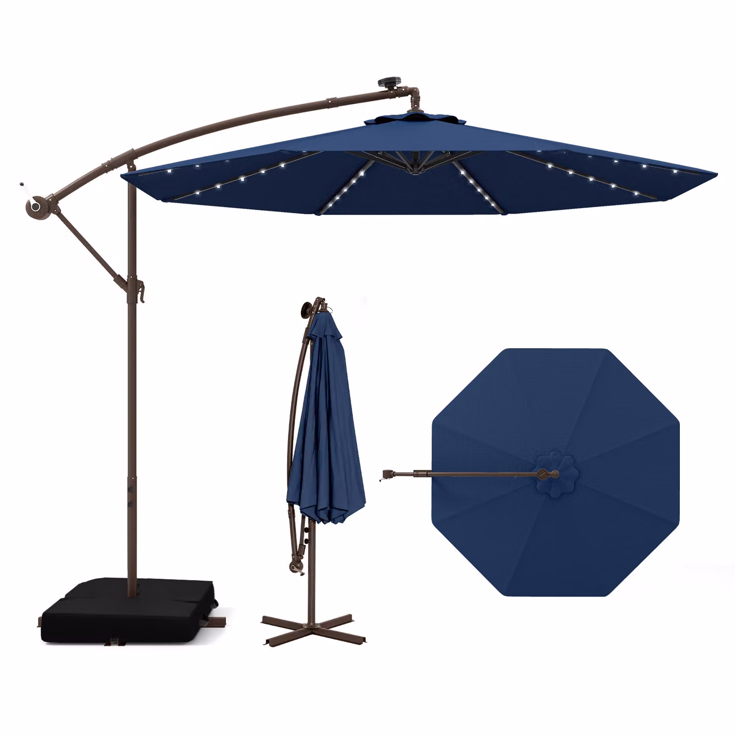 COSTWAY ombrellone a sbalzo con sacchi di sabbia, ombrellone Ø300cm con 40 LED solari e manovella, ombrellone da giardino protezione UV blu