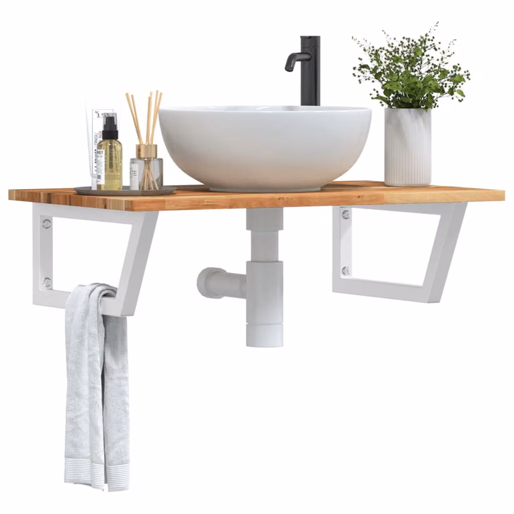 vidaXL Ripiano a Parete per Lavabo in Accacia e Metallo, Bianco e Marrone, L: 50 cm, P: 22 cm, H: 3 cm