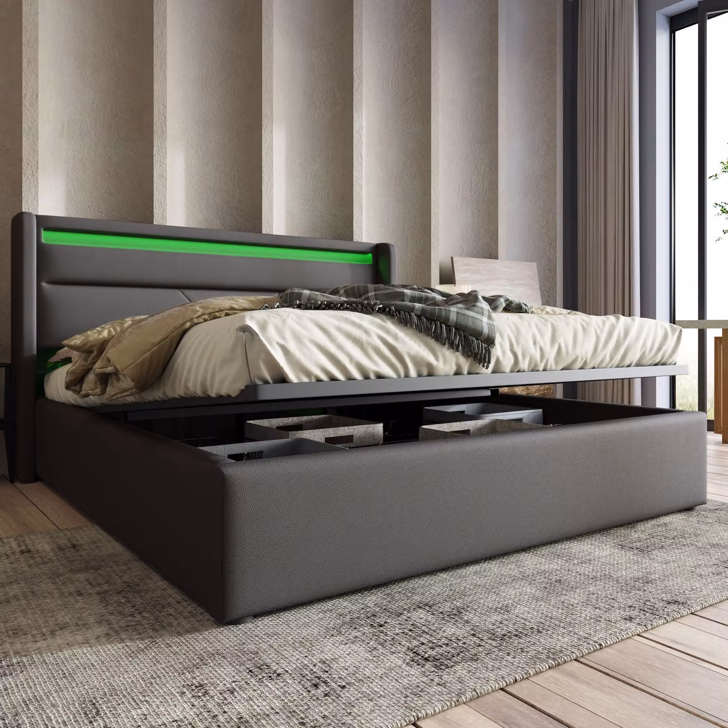 Letto a molle Sweiko Letto imbottito Letto matrimoniale 140x200cm con illuminazione LED Letto contenitore Grigio (senza materasso)